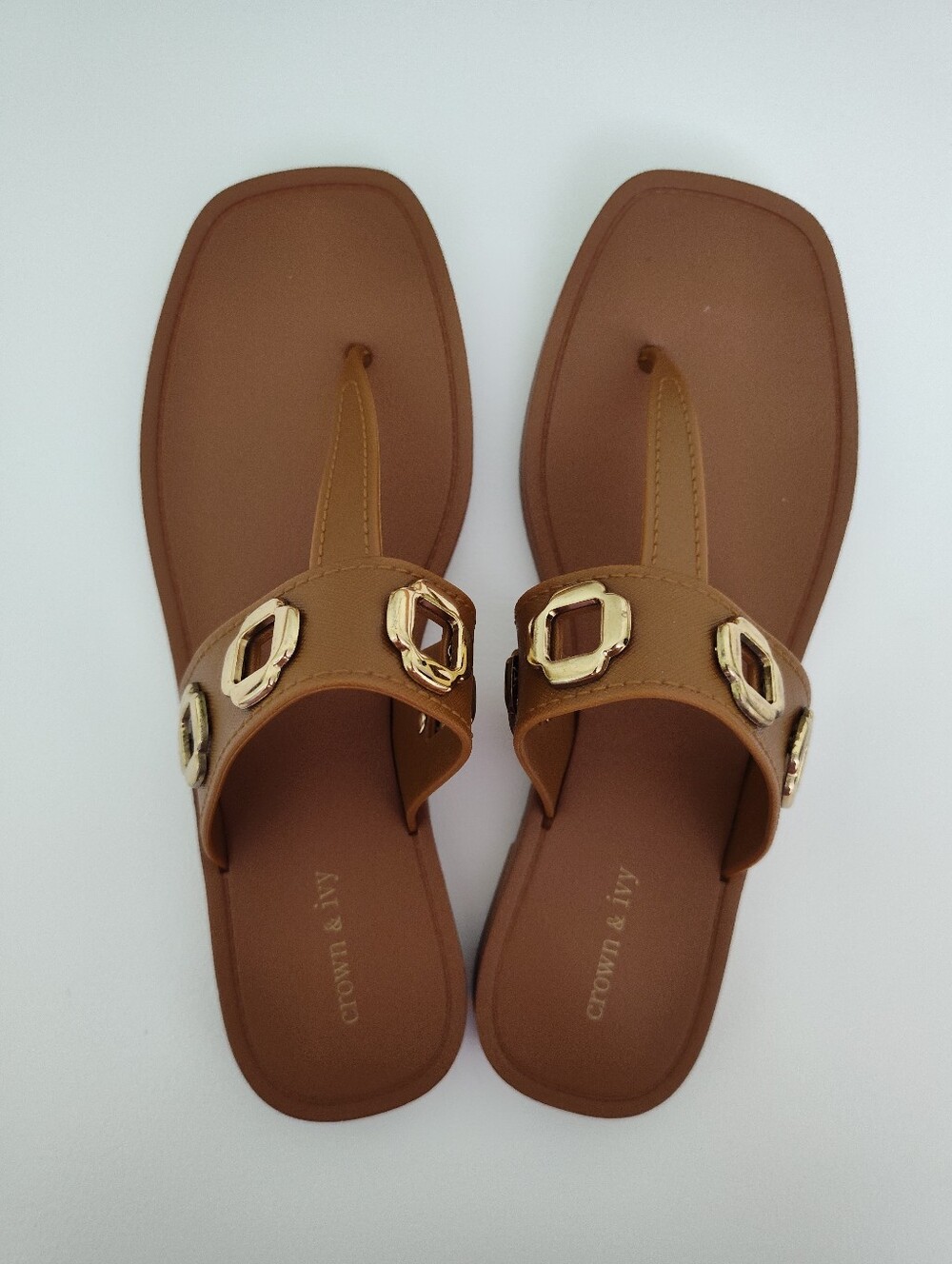 Crown & Ivy Brown Toe-Post Sandals with Gold Accents